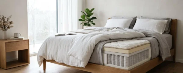 Chambre contemporaine avec lit montrant la structure matelas et surmatelas en coupe transversale, éclairage naturel doux