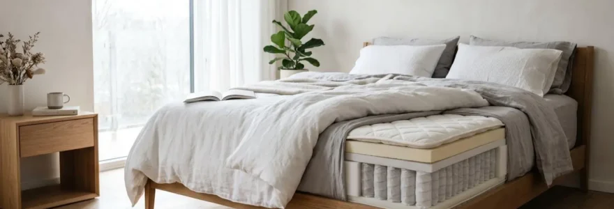 Chambre contemporaine avec lit montrant la structure matelas et surmatelas en coupe transversale, éclairage naturel doux