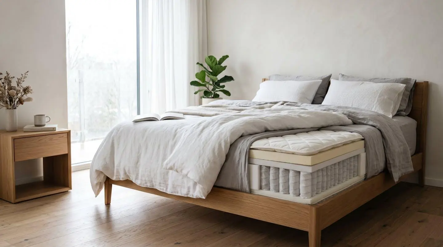 Chambre contemporaine avec lit montrant la structure matelas et surmatelas en coupe transversale, éclairage naturel doux