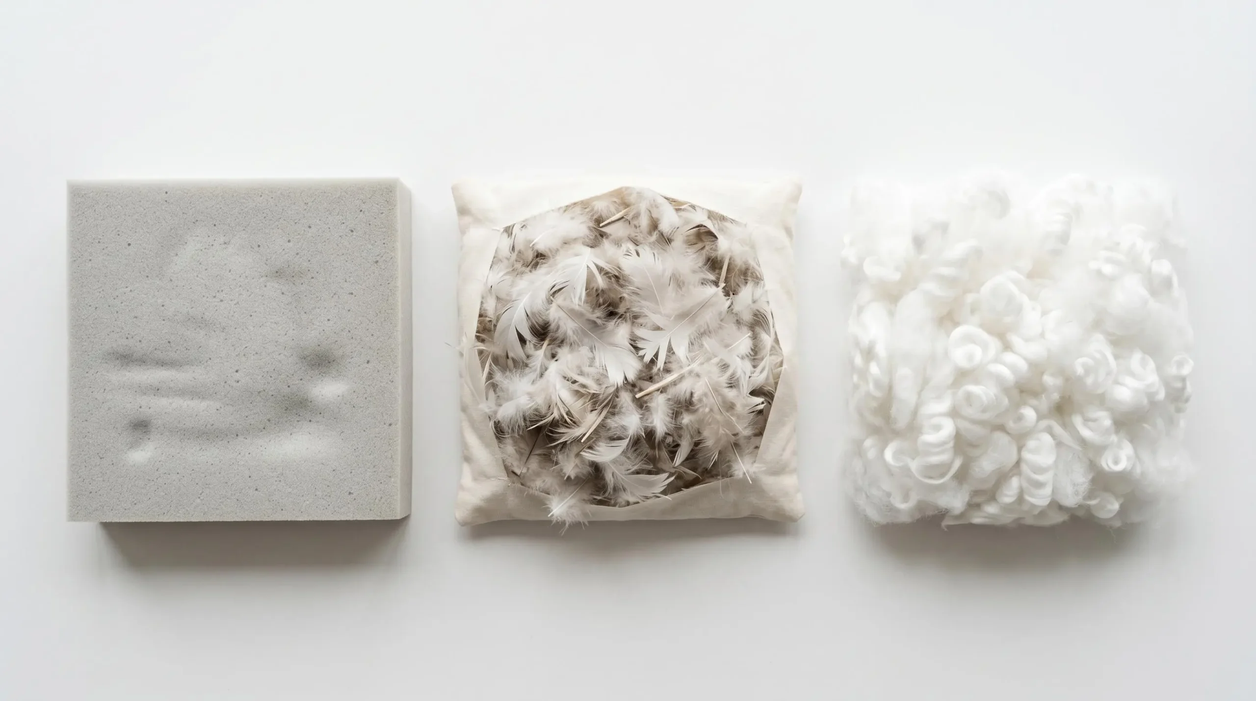 Échantillons de différents matériaux de surmatelas disposés côte à côte montrant mousse mémoire de forme, plumes et garnissage synthétique