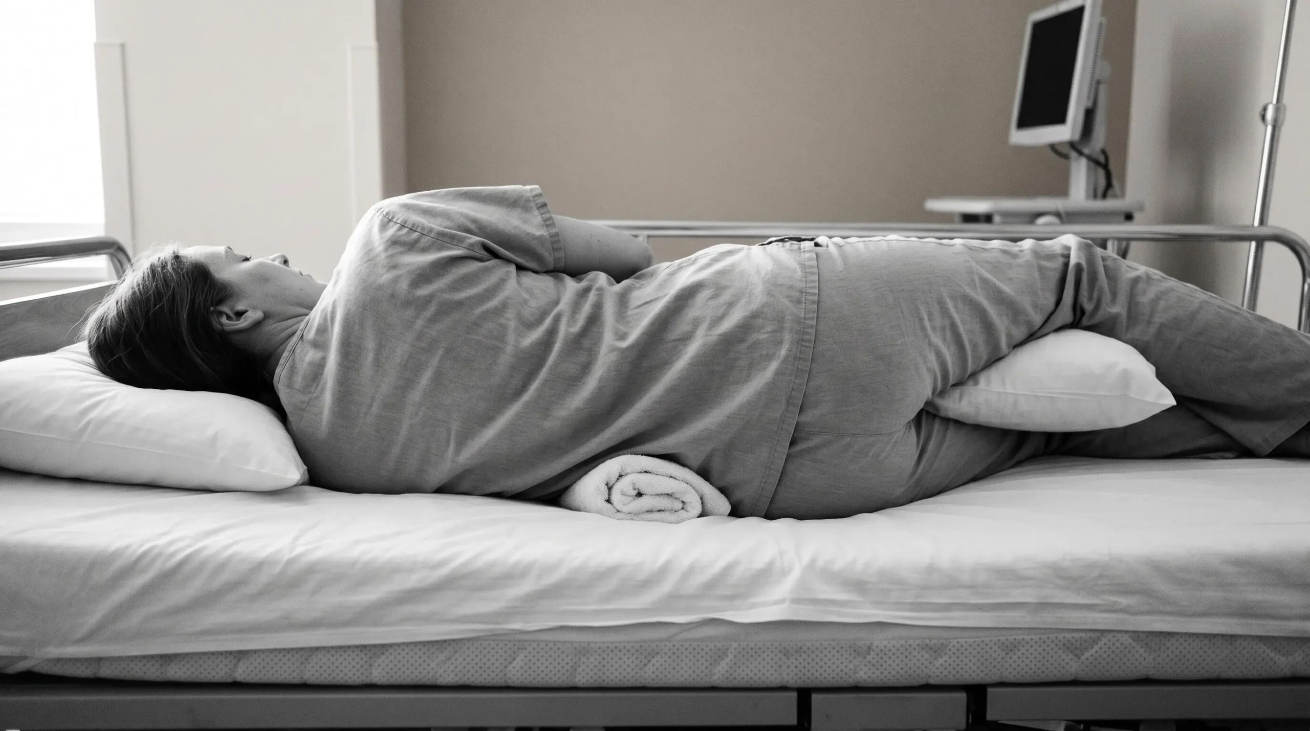 Vue de profil d'une personne dormant sur le côté montrant l'alignement de la colonne vertébrale sur un surmatelas